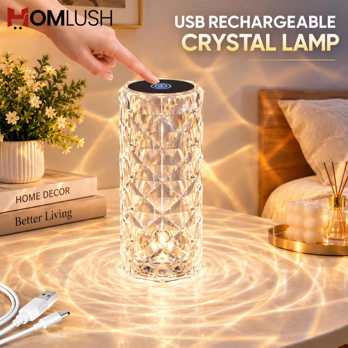 Crystal diamond table lamp with 16-color RGB rechargeable LED