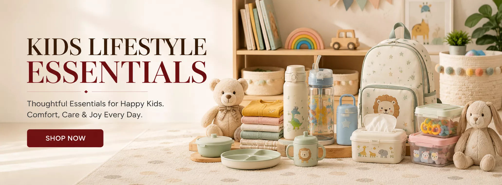 Premium kids lifestyle essentials including school accessories, travel organizers, feeding products, storage solutions, and everyday essentials for children