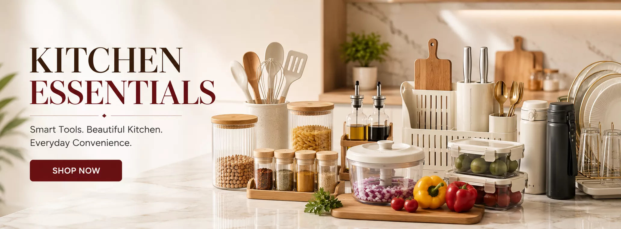 Premium kitchen essentials featuring cooking accessories, food storage containers, kitchen organizers, and smart kitchen tools for everyday cooking