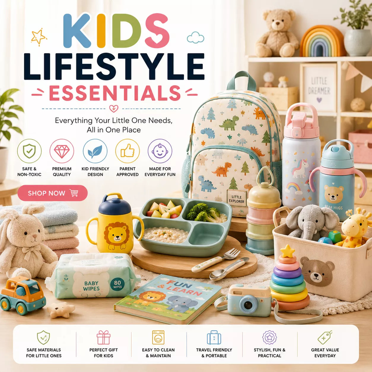 Premium kids lifestyle essentials with school accessories, travel organizers, feeding products, and everyday essentials
