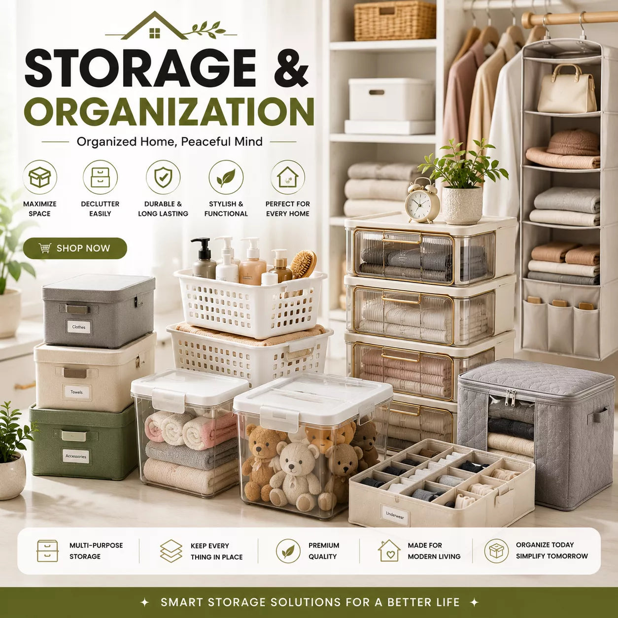 Premium storage and organization products with wardrobe organizers, storage boxes, kitchen storage, and home organizers