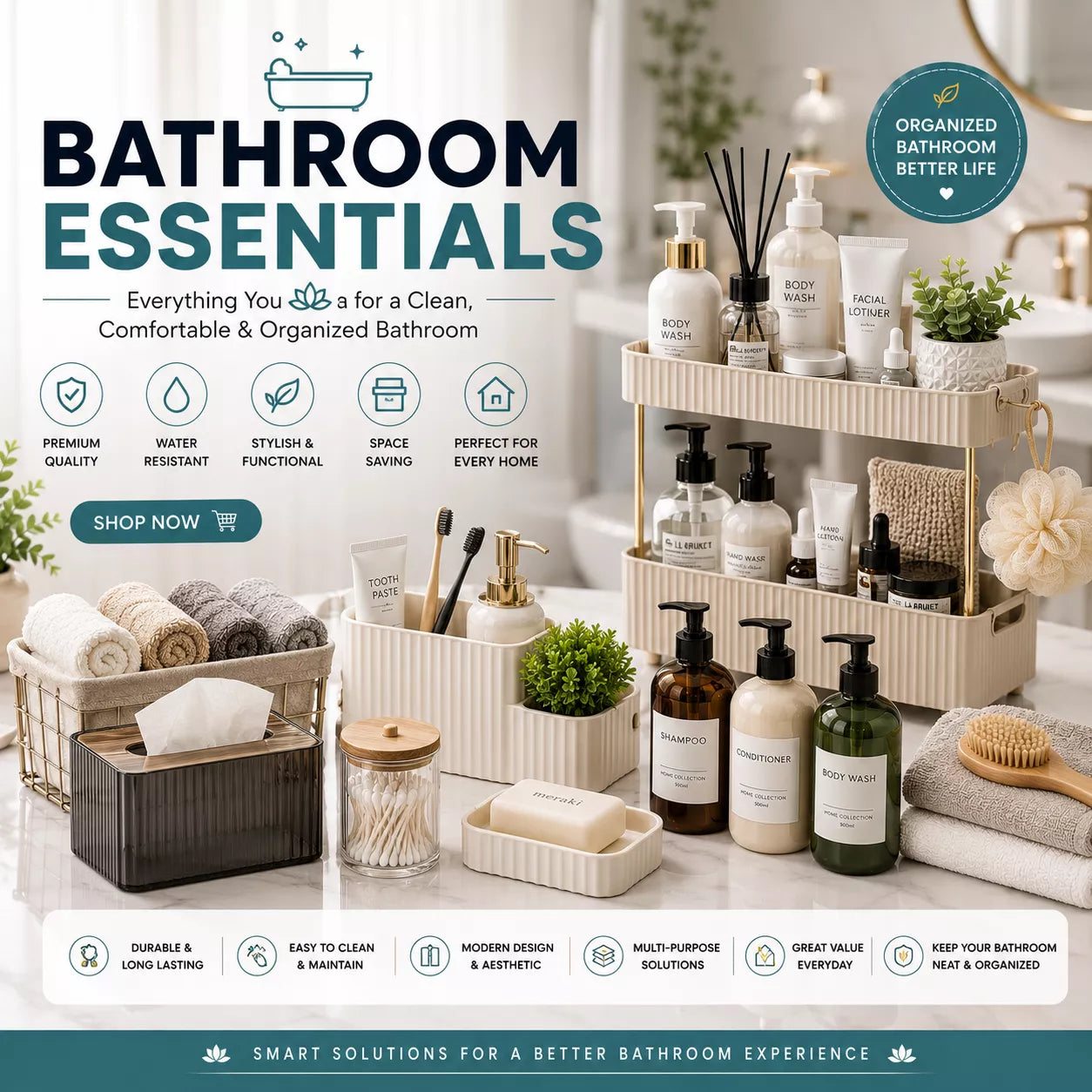 Premium bathroom essentials with shower organizers, soap dispensers, storage racks, and modern bathroom accessories