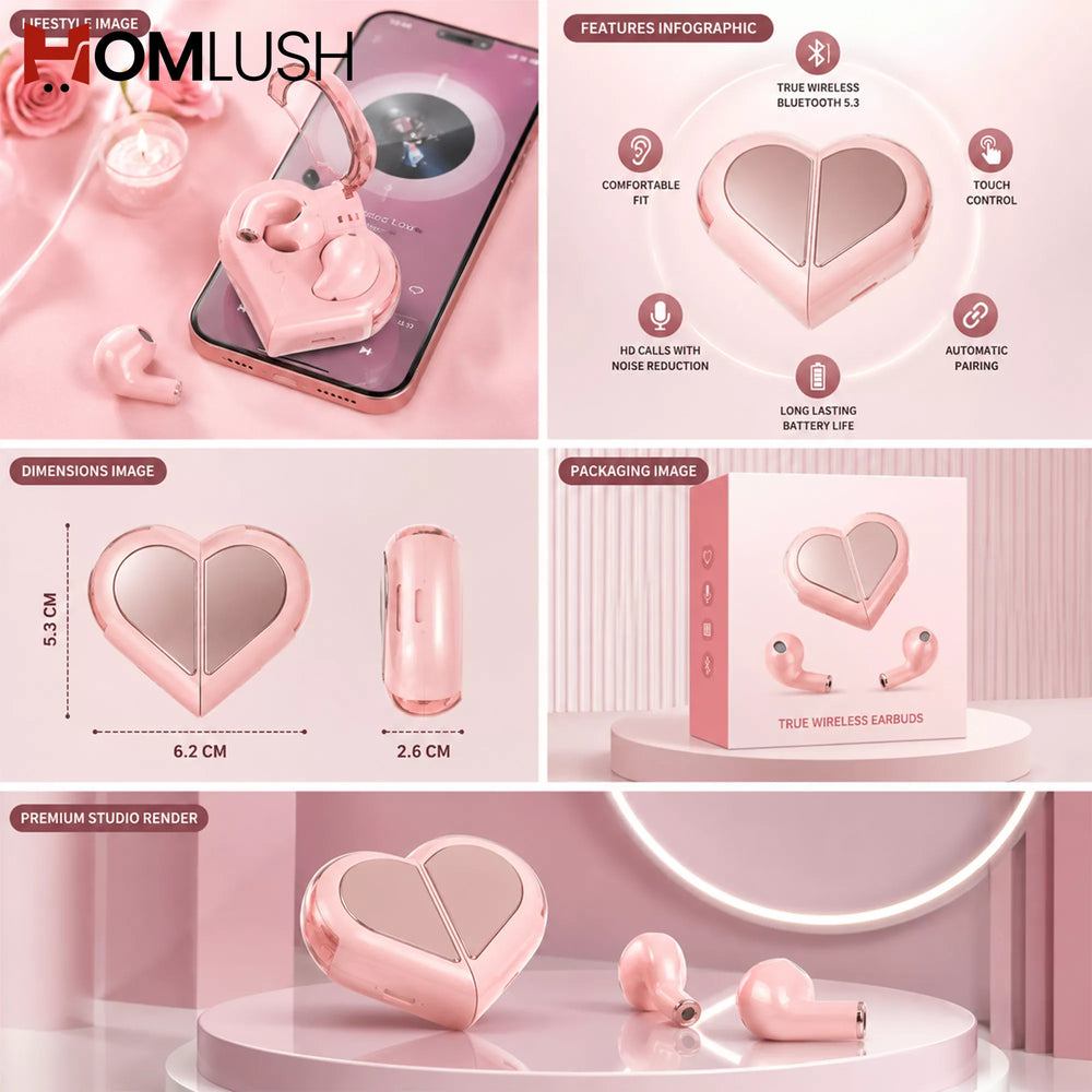 heart shaped bluetooth earbuds with charging case