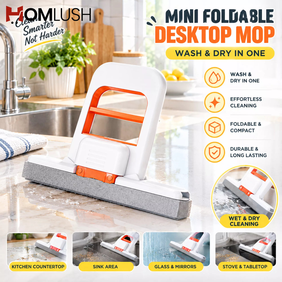 HOMLUSH Mini Foldable Desktop Mop for kitchen and countertop cleaning