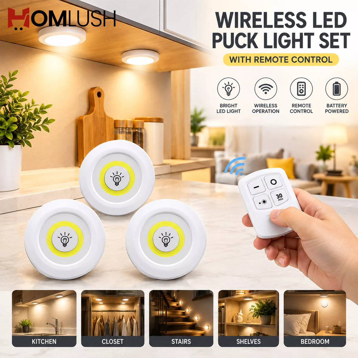 HOMLUSH Wireless LED Puck Light Set with Remote Control