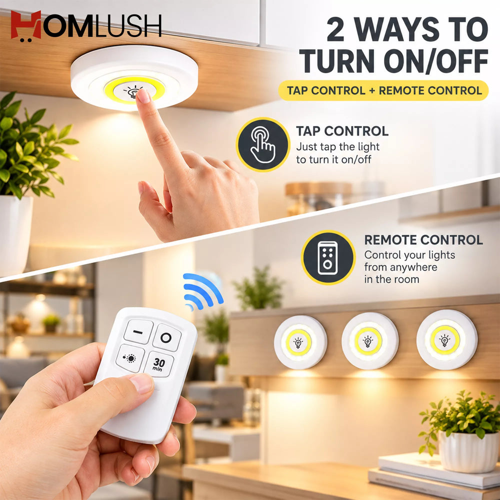 HOMLUSH Wireless LED Puck Light Set with two-way control using touch and remote