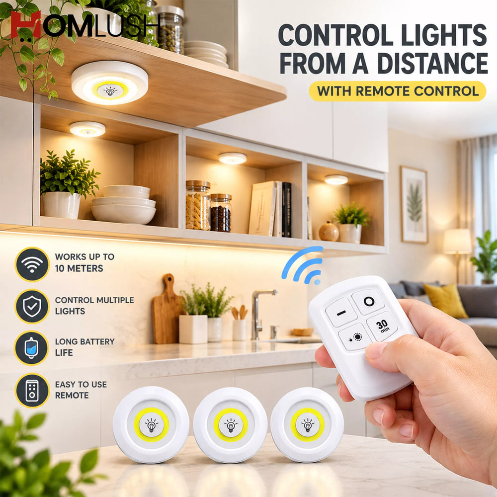 HOMLUSH Wireless LED Puck Light Set controlled with remote control