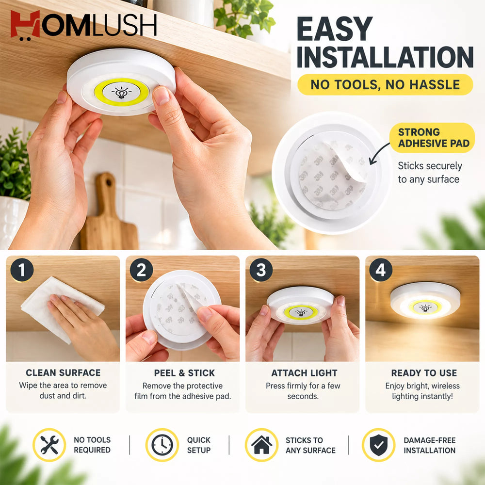 HOMLUSH Wireless LED Puck Light with easy tool-free installation