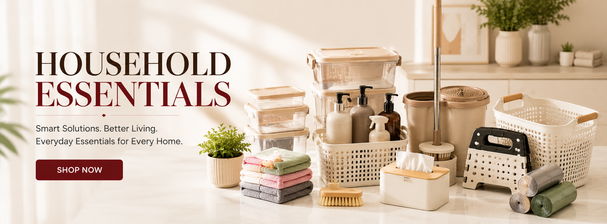 Premium household essentials including cleaning tools, storage solutions, laundry accessories, and home utility products for modern homes