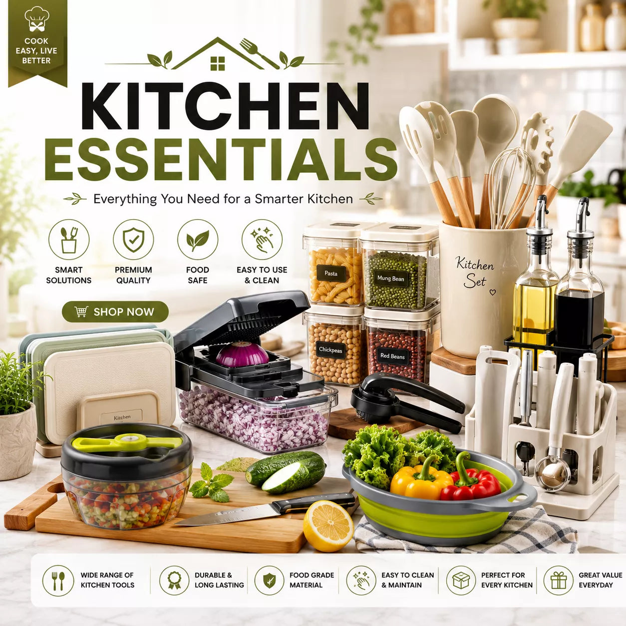 Premium kitchen essentials with cooking accessories, food storage containers, and kitchen organizers for modern homes