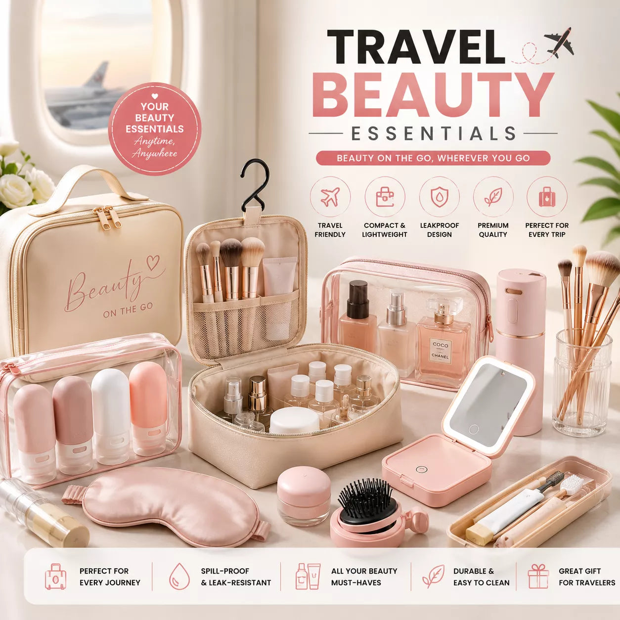 Premium travel beauty essentials with makeup bags, toiletry organizers, refillable bottles, and cosmetic accessories